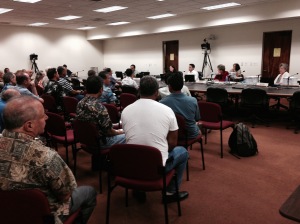 House Committee on Ocean, Marine Resources and Hawaiian Affairs mate yesterday for public hearings on five aquarium-fishery related bills. (Photo Bruce Carlson)